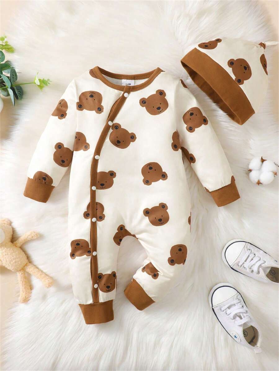 Macacão de Bebê Menino com Estampa de Urso, Gola Redonda, Fechamento Frontal por Pressão, Ajuste Justo