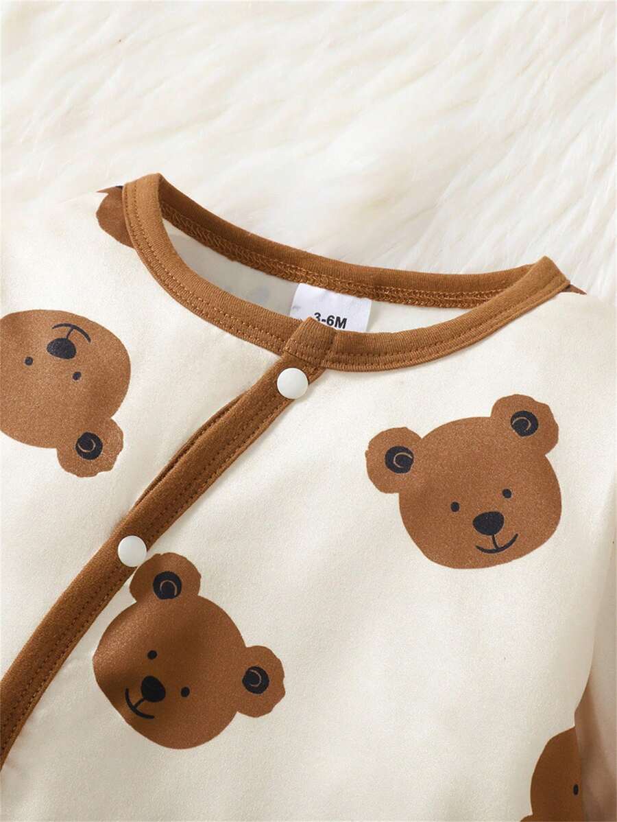 Macacão de Bebê Menino com Estampa de Urso, Gola Redonda, Fechamento Frontal por Pressão, Ajuste Justo