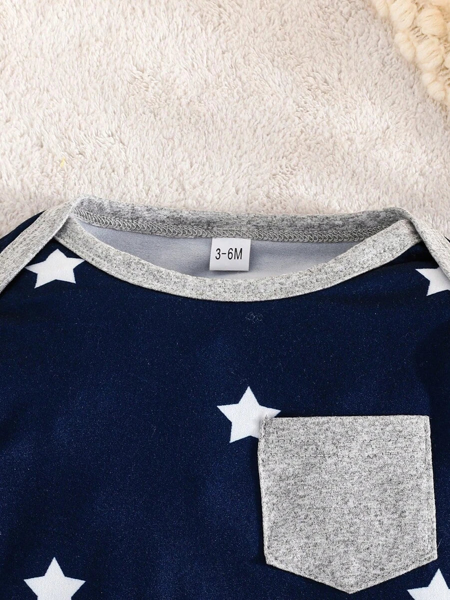 Conjunto 3 Peças para Bebê Menino – Macacão e Calça Listrados e Estampados de Estrela, Casual e Confortável
