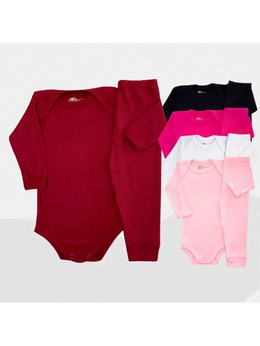 Kit 12 Peças para Bebê – 6x Body Manga Longa e 6x Mijão Liso 100% Algodão, Unissex