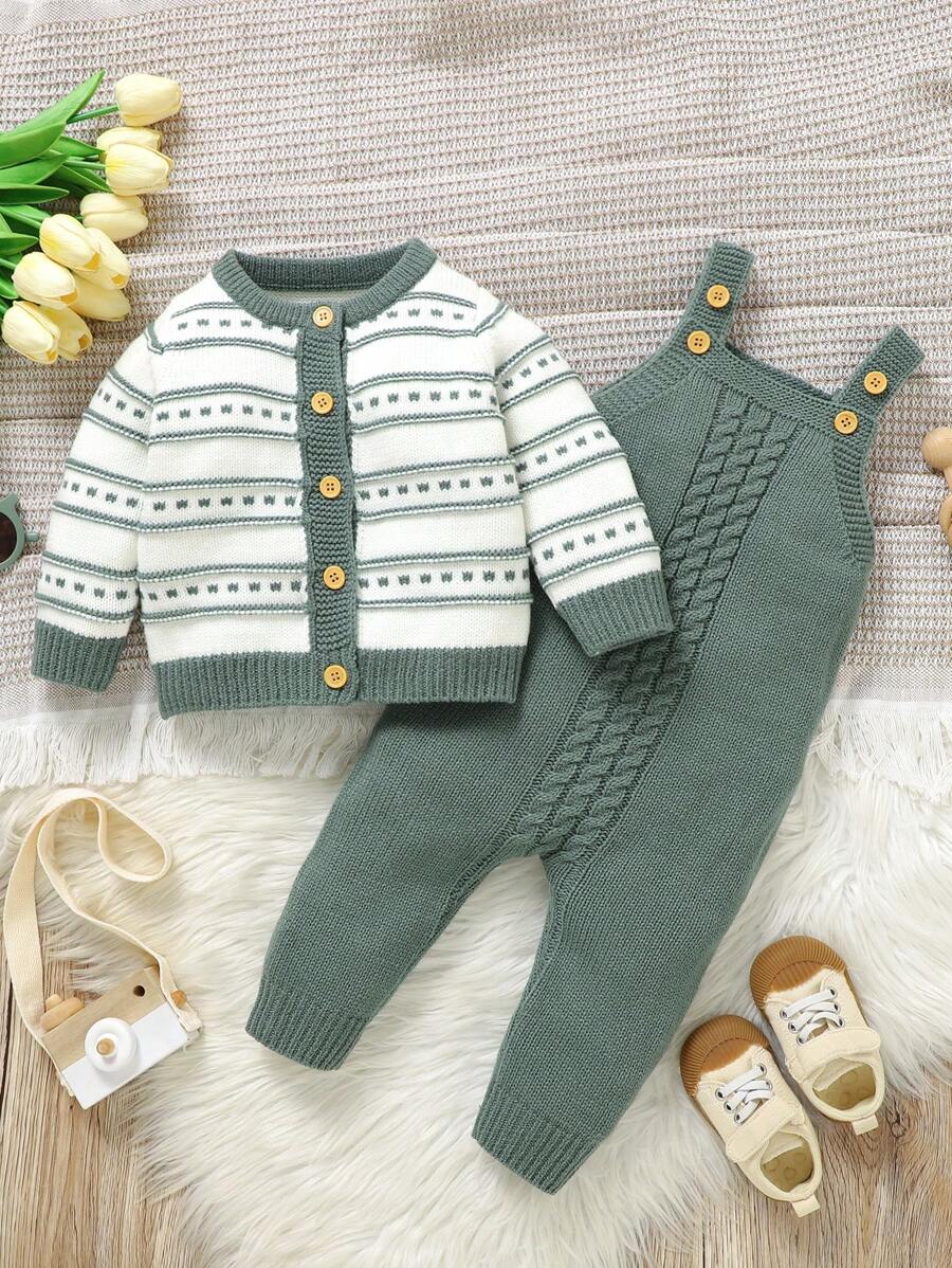 Conjunto de Tricô para Bebê – Cardigan Listrado e Macacão Jardineira Longo, Unissex