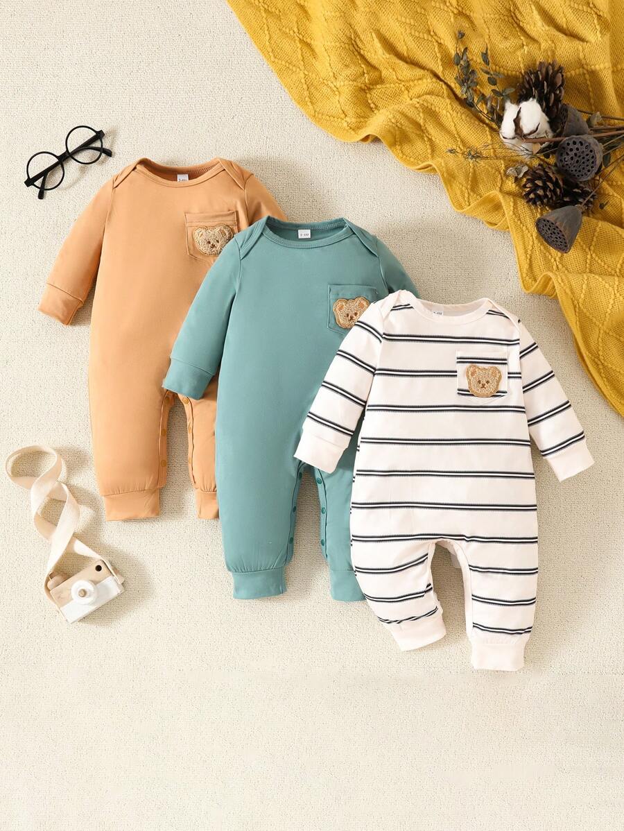 Conjunto 3 Peças para Bebê Menino – Macacão e Calça Listrados e Estampados de Estrela, Casual e Confortável