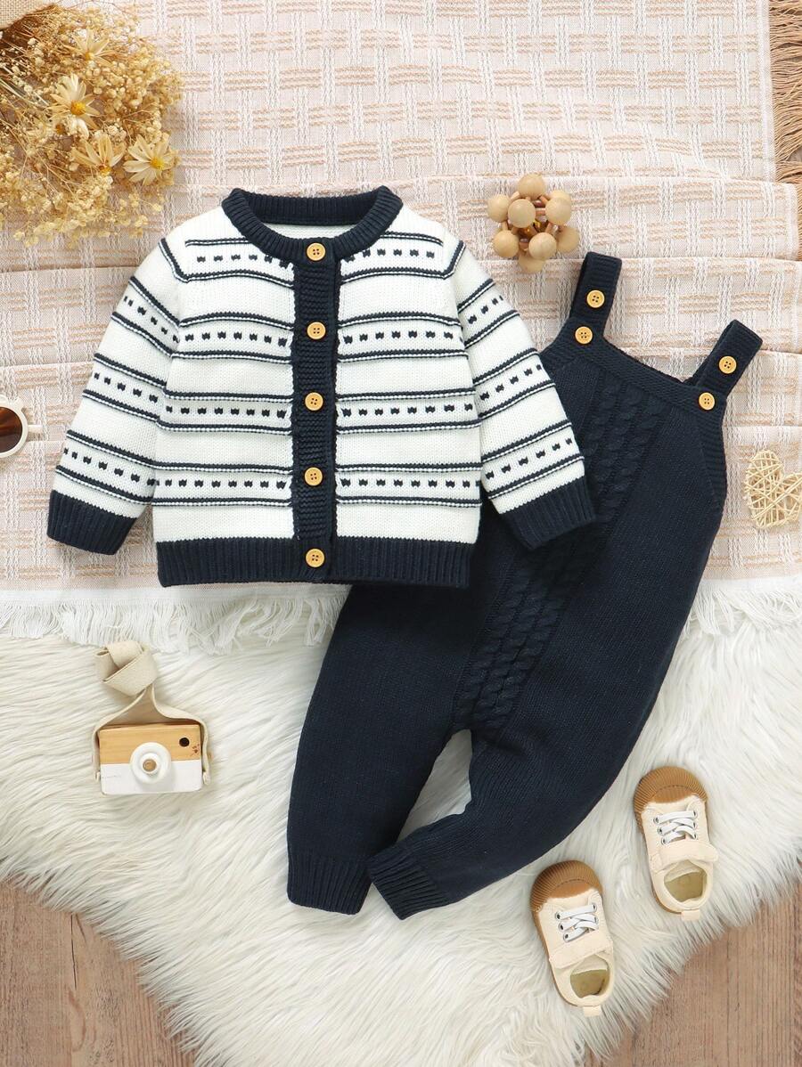 Conjunto de Tricô para Bebê – Cardigan Listrado e Macacão Jardineira Longo, Unissex