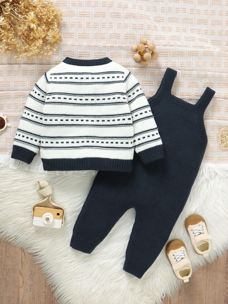 Conjunto de Tricô para Bebê – Cardigan Listrado e Macacão Jardineira Longo, Unissex