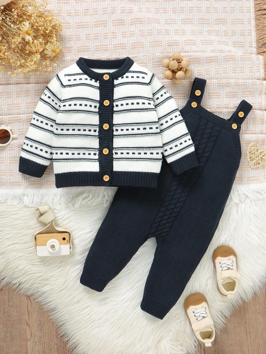 Conjunto de Tricô para Bebê – Cardigan Listrado e Macacão Jardineira Longo, Unissex