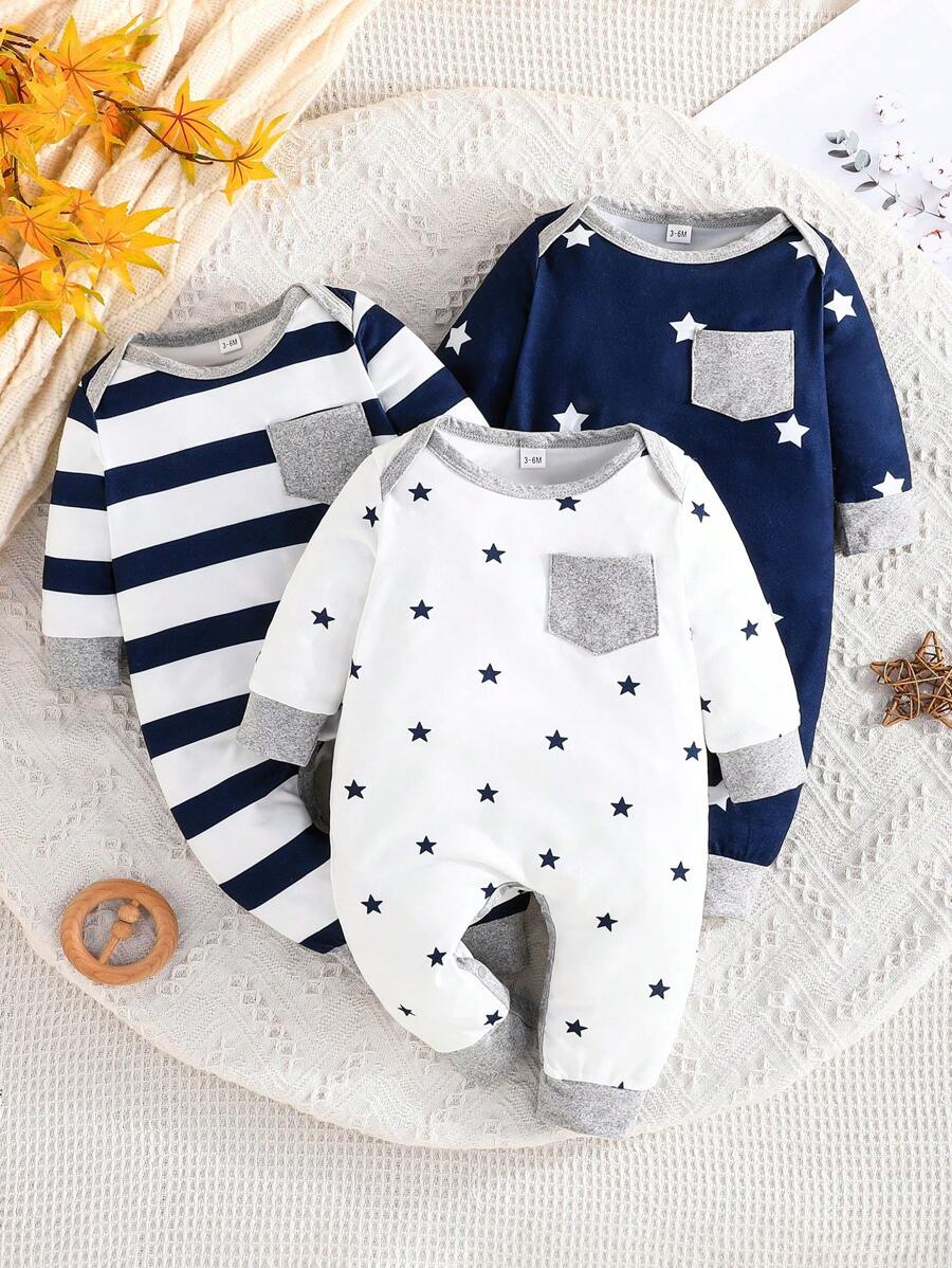 Conjunto 3 Peças para Bebê Menino – Macacão e Calça Listrados e Estampados de Estrela, Casual e Confortável