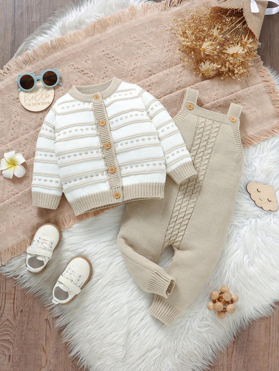 Conjunto de Tricô para Bebê – Cardigan Listrado e Macacão Jardineira Longo, Unissex