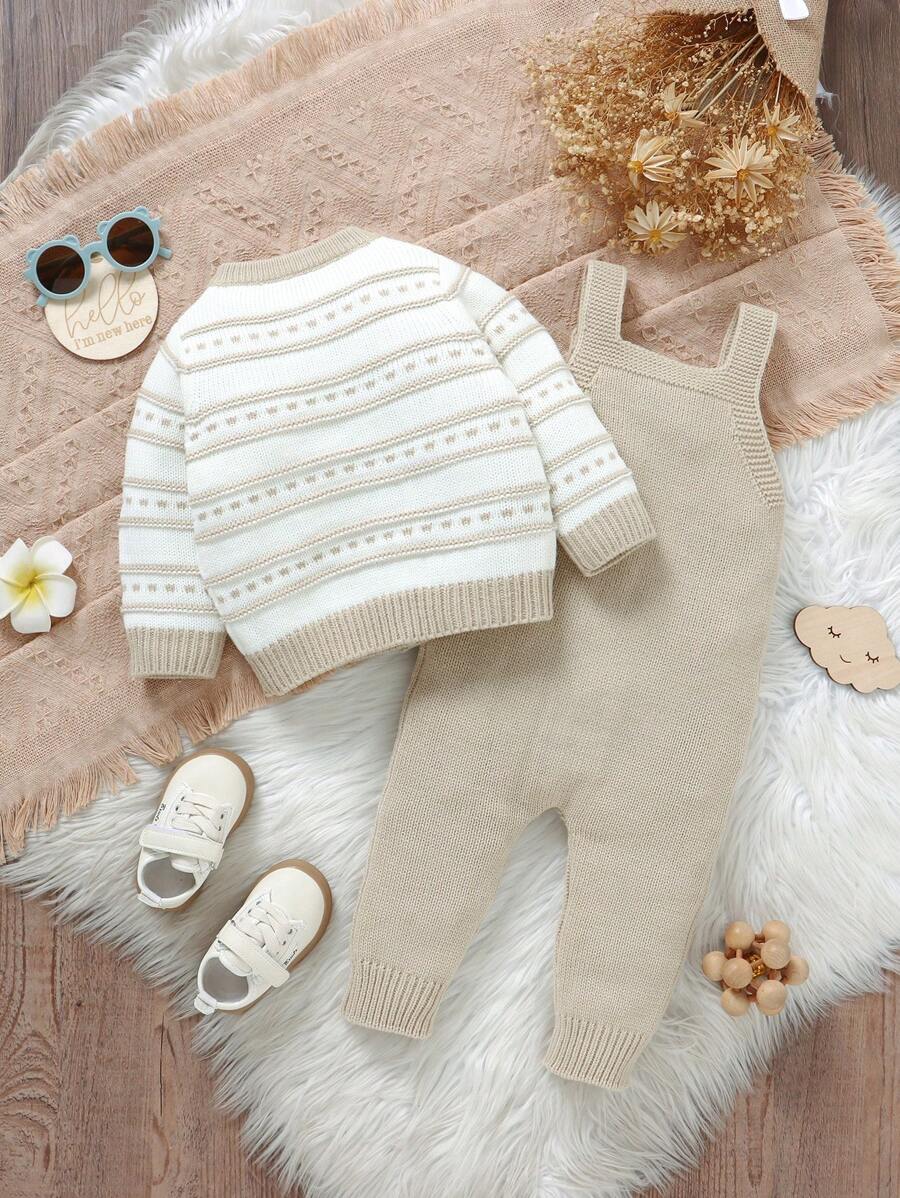 Conjunto de Tricô para Bebê – Cardigan Listrado e Macacão Jardineira Longo, Unissex