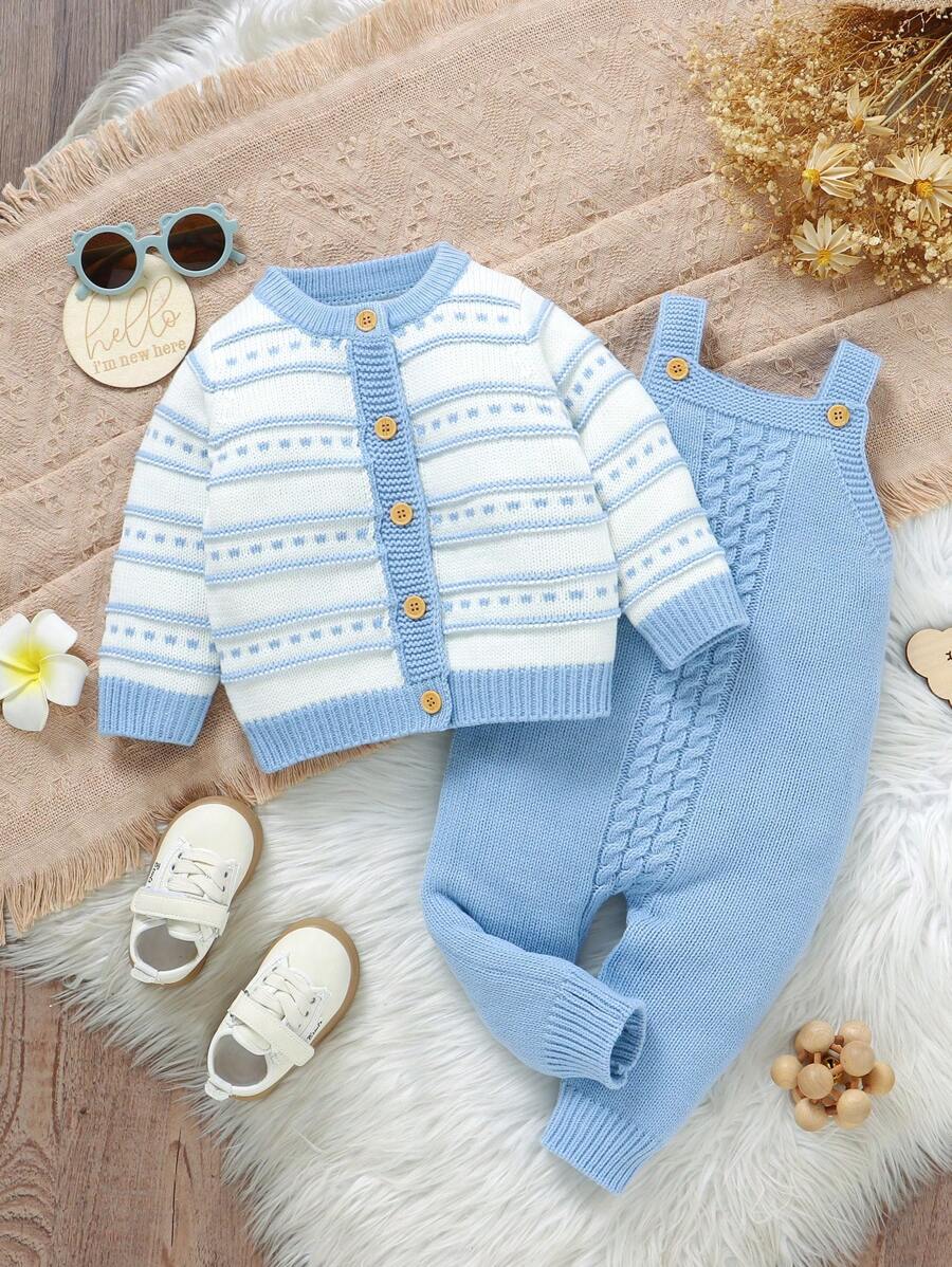 Conjunto de Tricô para Bebê – Cardigan Listrado e Macacão Jardineira Longo, Unissex