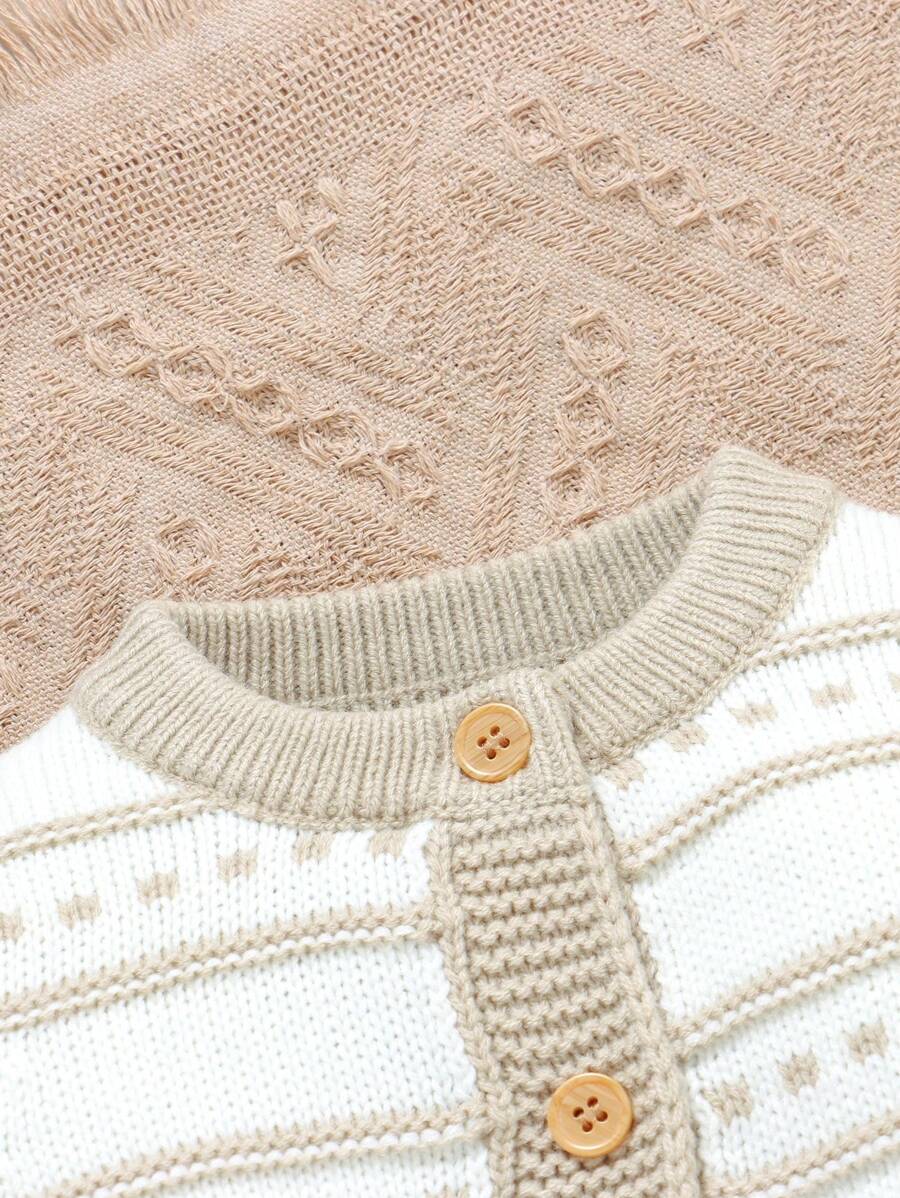 Conjunto de Tricô para Bebê – Cardigan Listrado e Macacão Jardineira Longo, Unissex