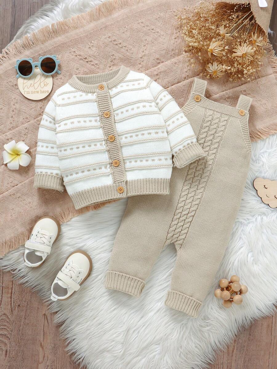Conjunto de Tricô para Bebê – Cardigan Listrado e Macacão Jardineira Longo, Unissex