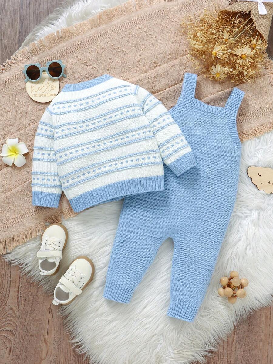 Conjunto de Tricô para Bebê – Cardigan Listrado e Macacão Jardineira Longo, Unissex