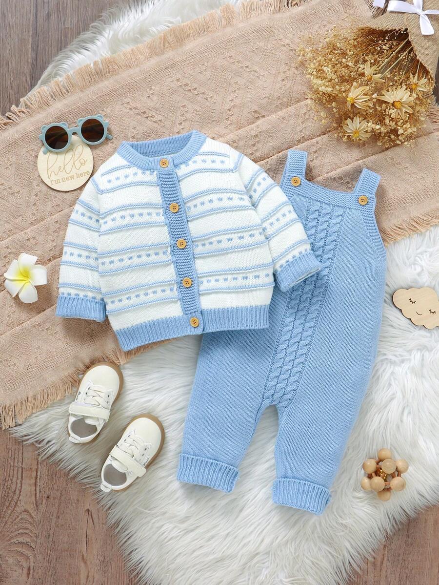 Conjunto de Tricô para Bebê – Cardigan Listrado e Macacão Jardineira Longo, Unissex