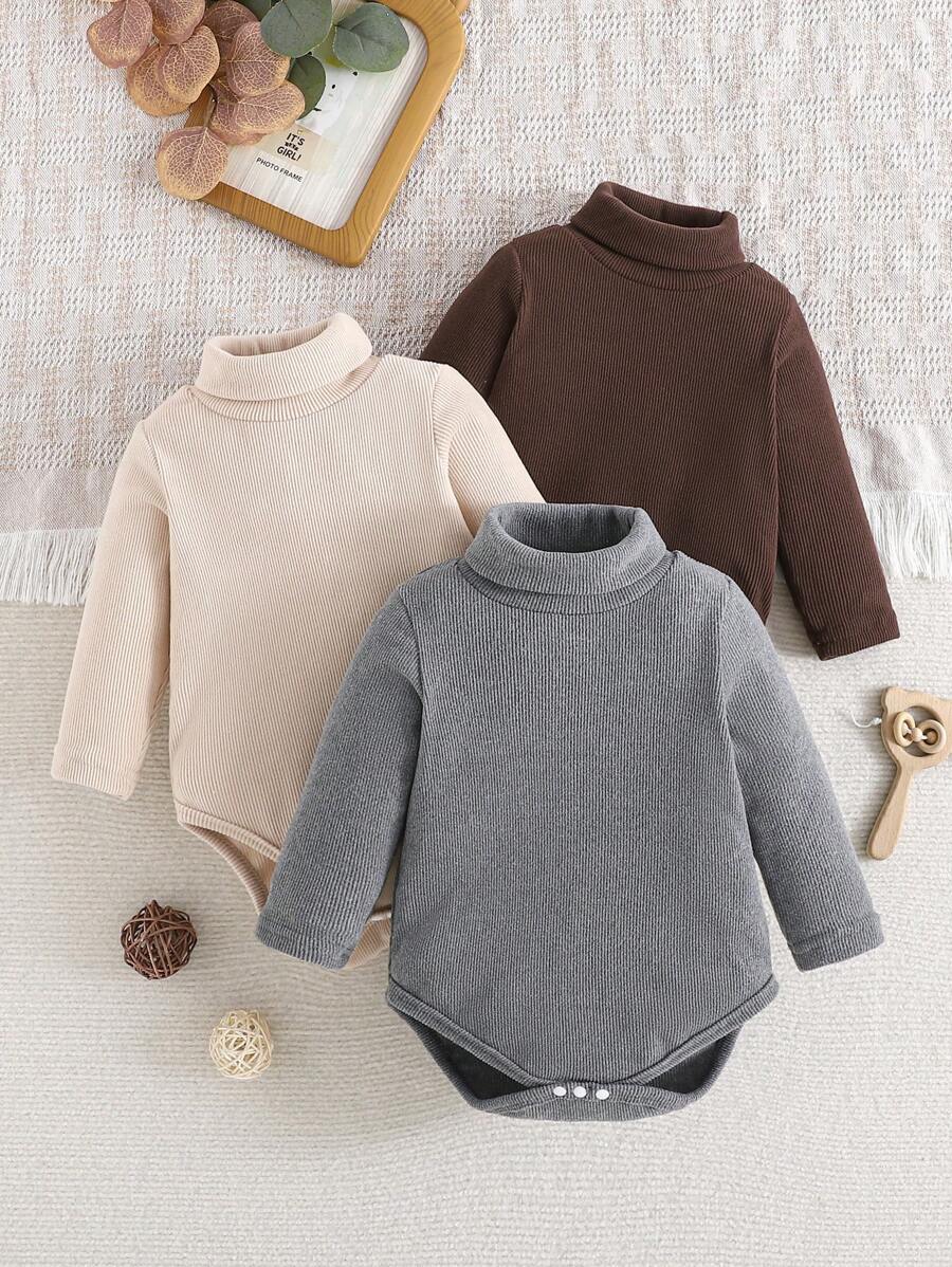 Kit 3 Macacões Canelados para Bebê Menino/Unissex – Gola Alta, Tricô de Malha, Outono/Inverno