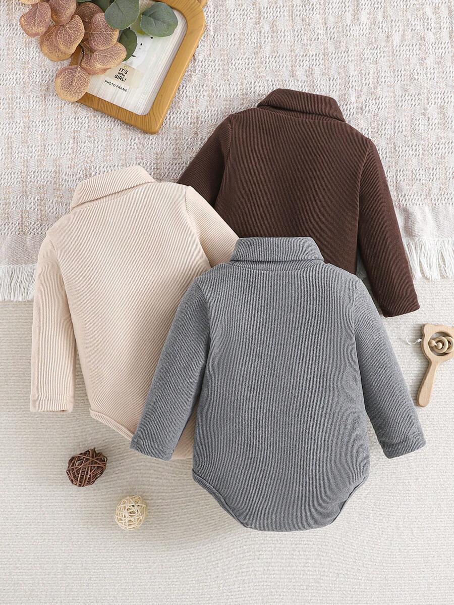 Kit 3 Macacões Canelados para Bebê Menino/Unissex – Gola Alta, Tricô de Malha, Outono/Inverno