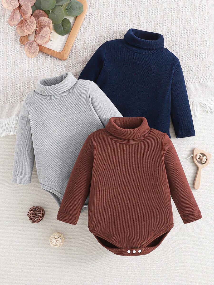 Kit 3 Macacões Canelados para Bebê Menino/Unissex – Gola Alta, Tricô de Malha, Outono/Inverno
