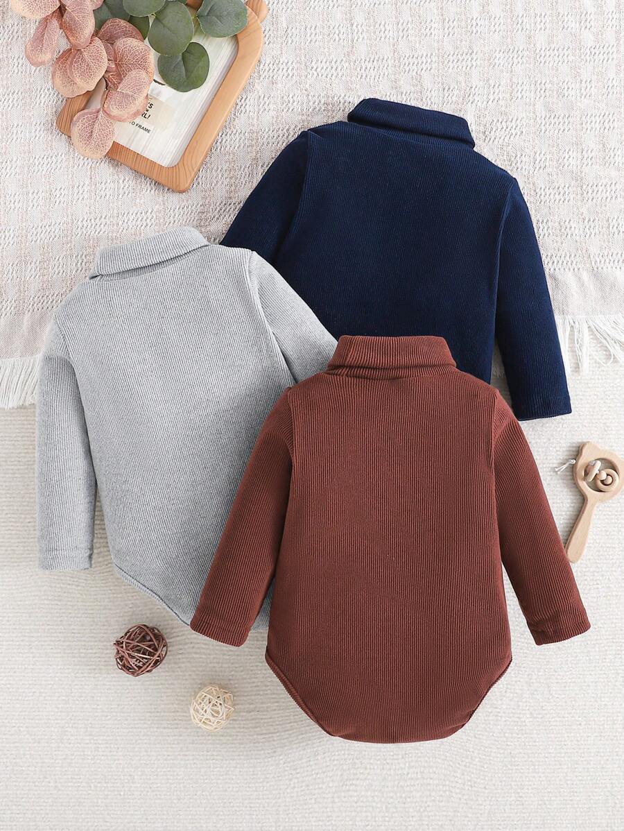 Kit 3 Macacões Canelados para Bebê Menino/Unissex – Gola Alta, Tricô de Malha, Outono/Inverno