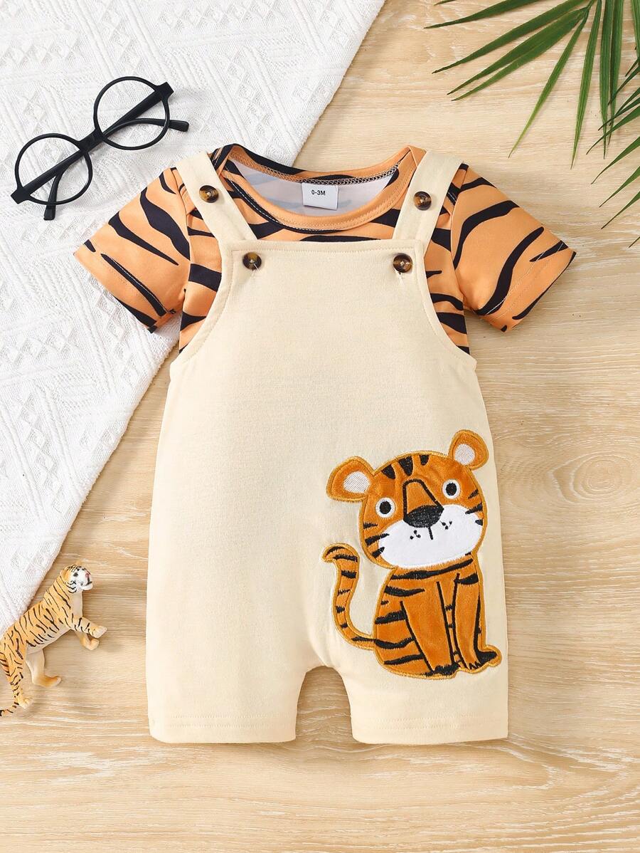 Conjunto de Jardineira com Bordado de Leão e Body Listrado para Bebê Menino