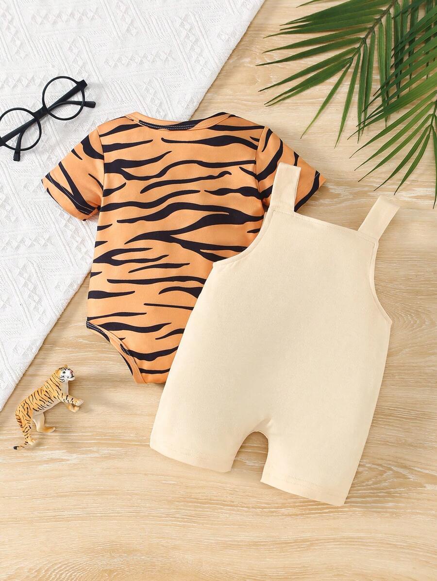 Conjunto de Jardineira com Bordado de Leão e Body Listrado para Bebê Menino