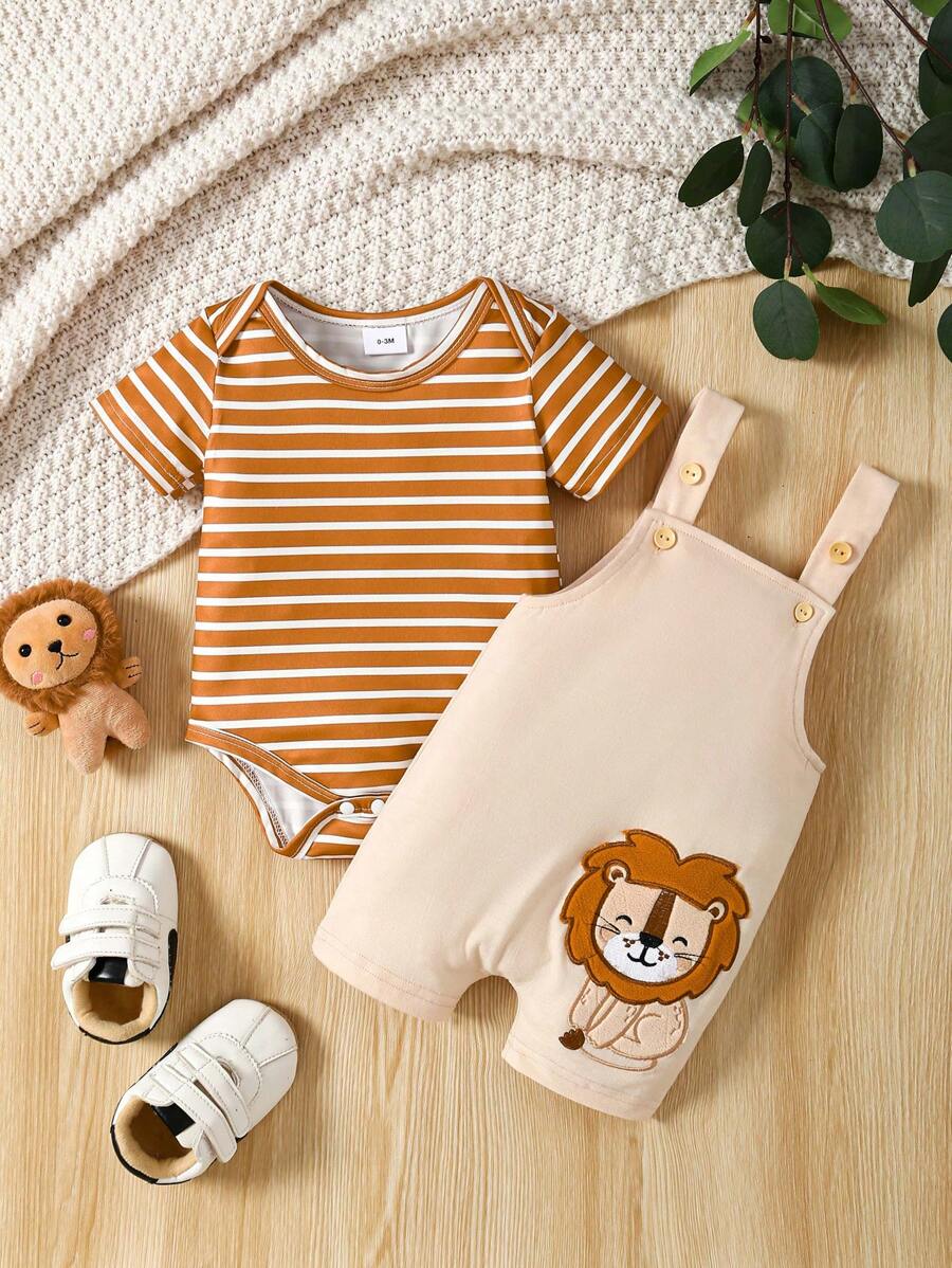 Conjunto de Jardineira com Bordado de Leão e Body Listrado para Bebê Menino