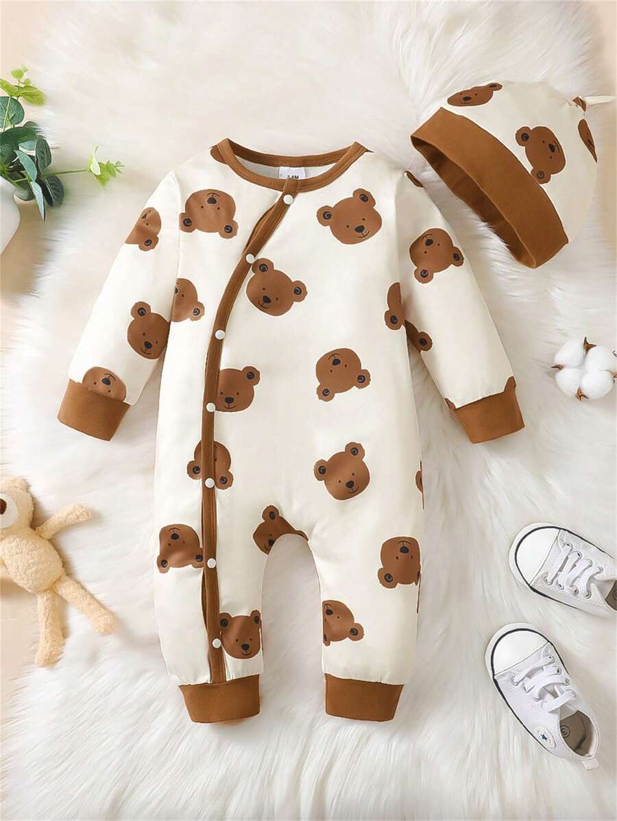 Macacão de Bebê Menino com Estampa de Urso, Gola Redonda, Fechamento Frontal por Pressão, Ajuste Justo