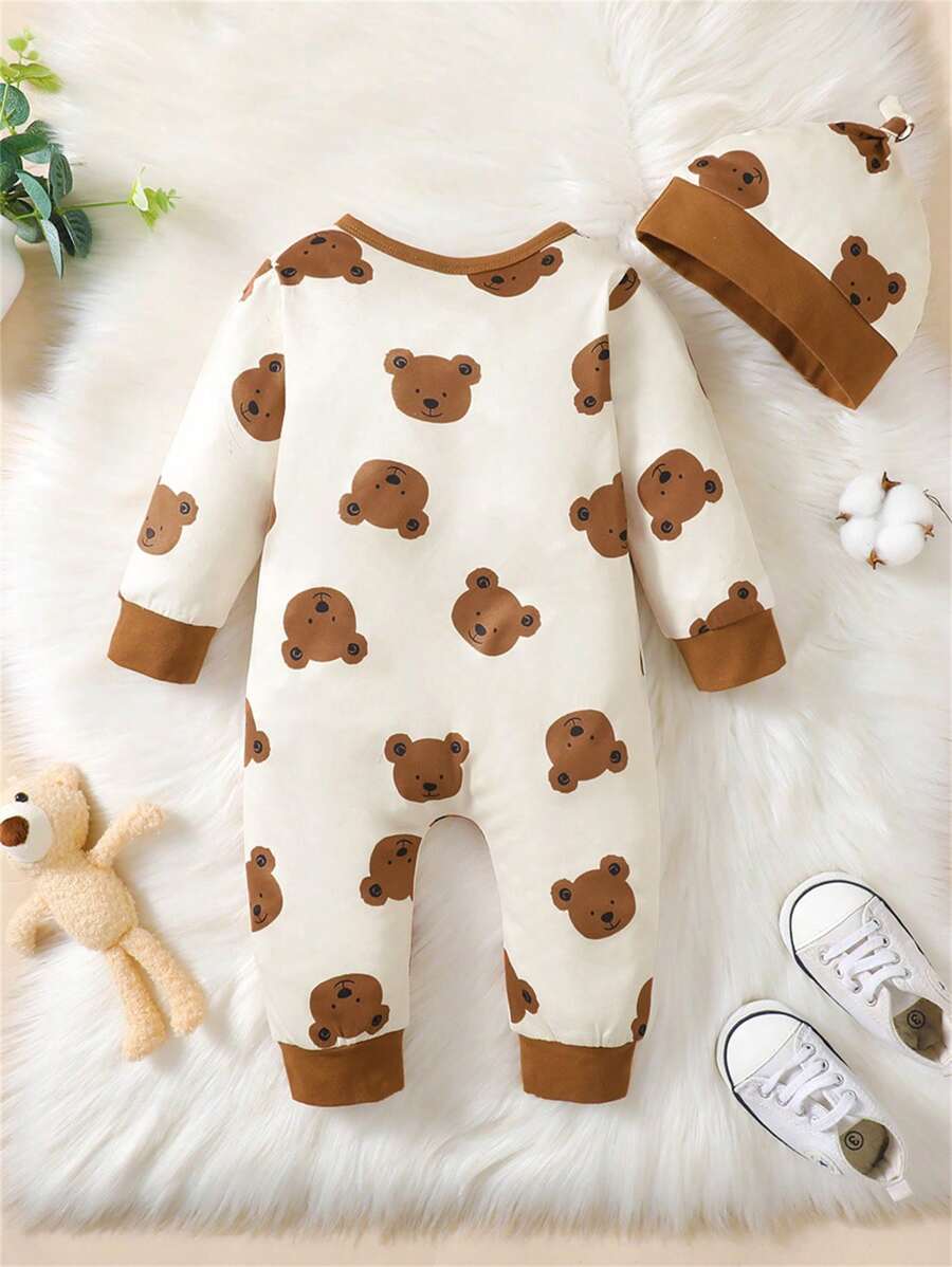 Macacão de Bebê Menino com Estampa de Urso, Gola Redonda, Fechamento Frontal por Pressão, Ajuste Justo