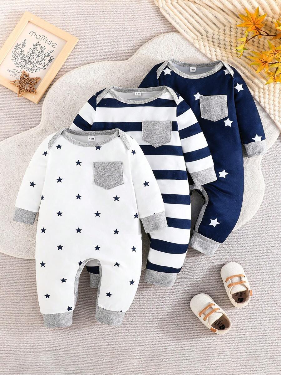 Conjunto 3 Peças para Bebê Menino – Macacão e Calça Listrados e Estampados de Estrela, Casual e Confortável