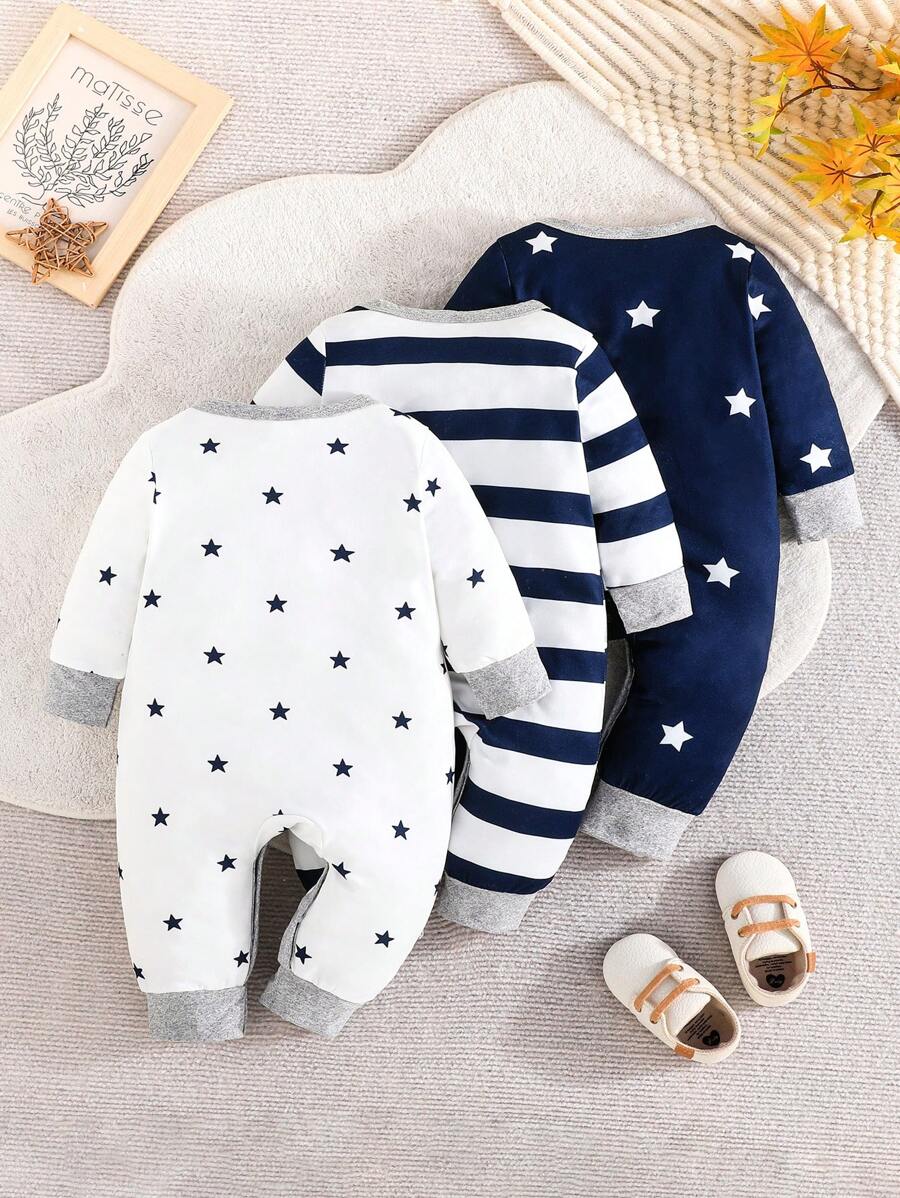 Conjunto 3 Peças para Bebê Menino – Macacão e Calça Listrados e Estampados de Estrela, Casual e Confortável