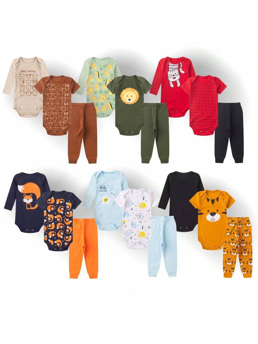 Kit 18 Peças Bebê Menino – Body Manga Longa e Curta + Mijão 100% Algodão