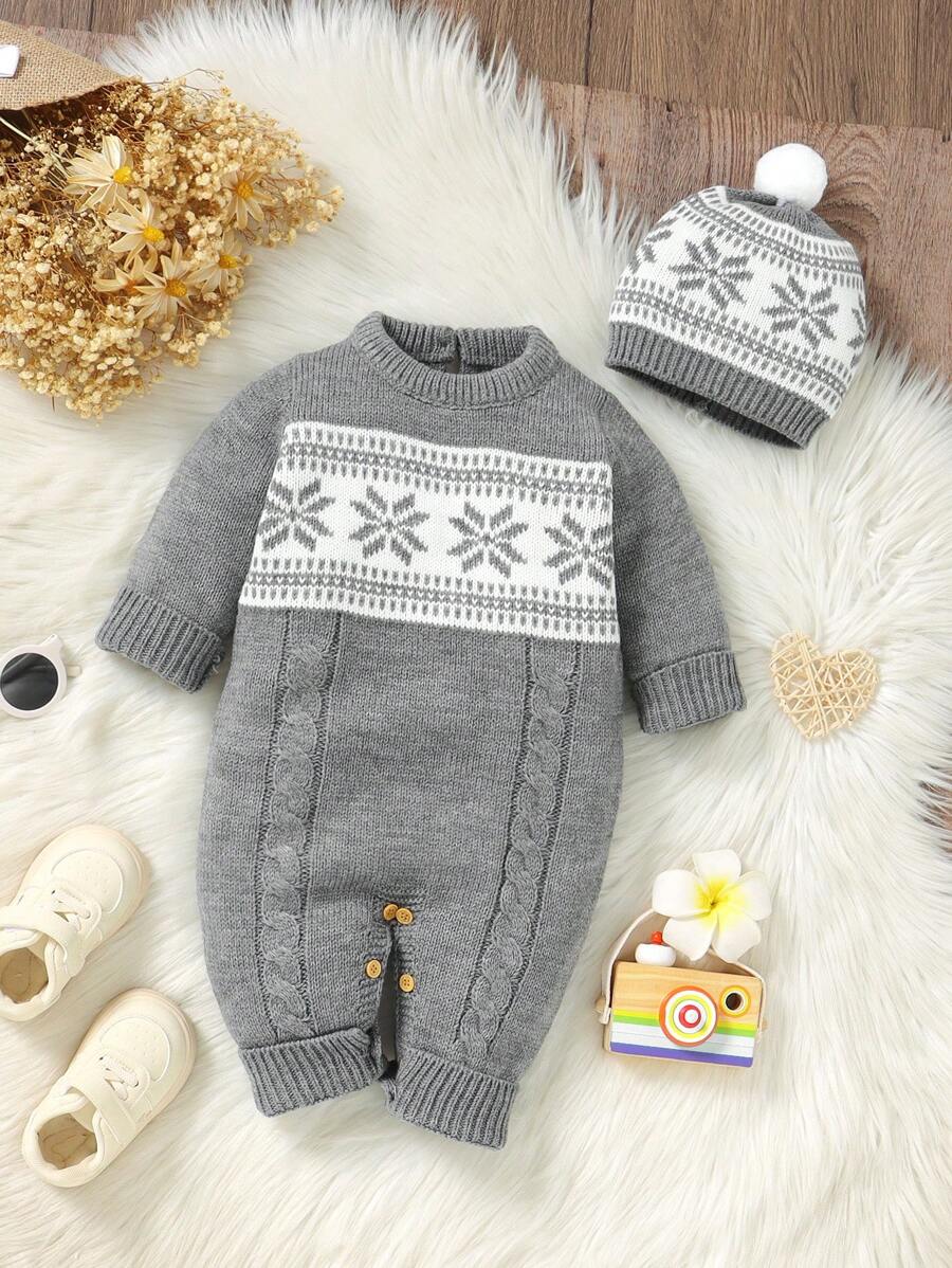 Conjunto Vintage 2 Peças para Bebê Menino – Macacão Tricotado Cinza e Gorro, Estilo Clássico em Tricô Trançado
