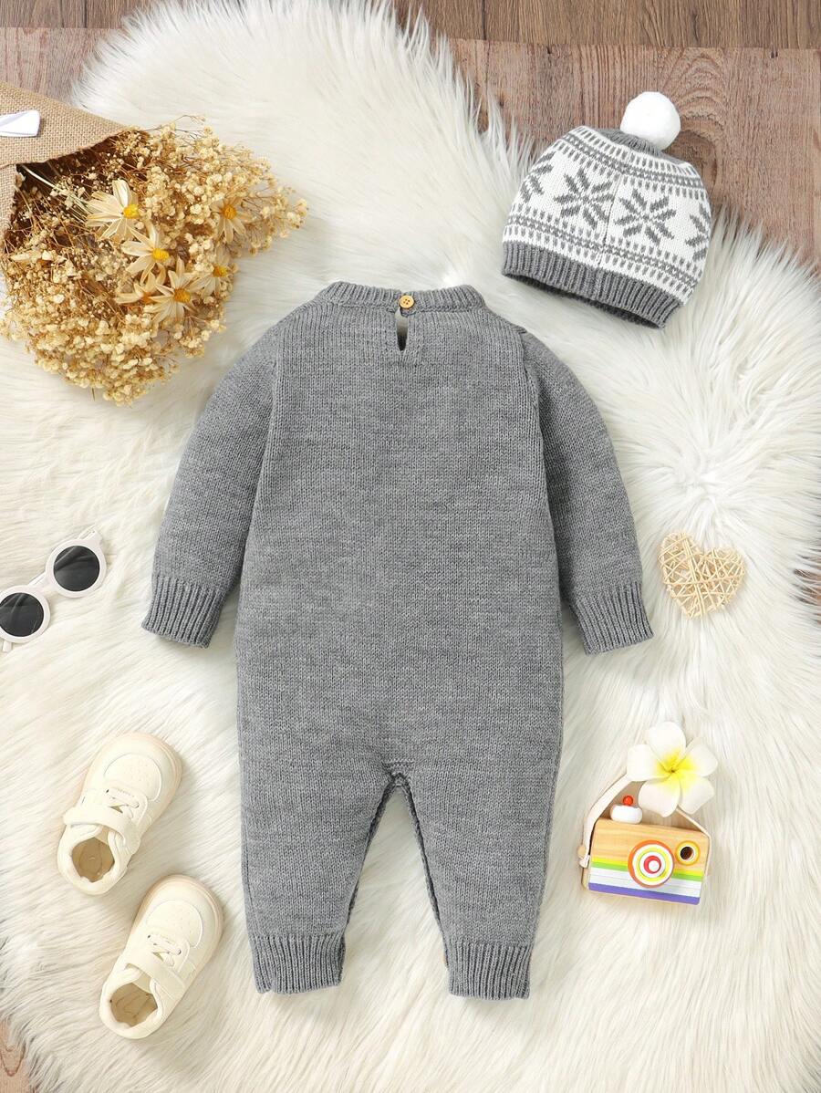 Conjunto Vintage 2 Peças para Bebê Menino – Macacão Tricotado Cinza e Gorro, Estilo Clássico em Tricô Trançado