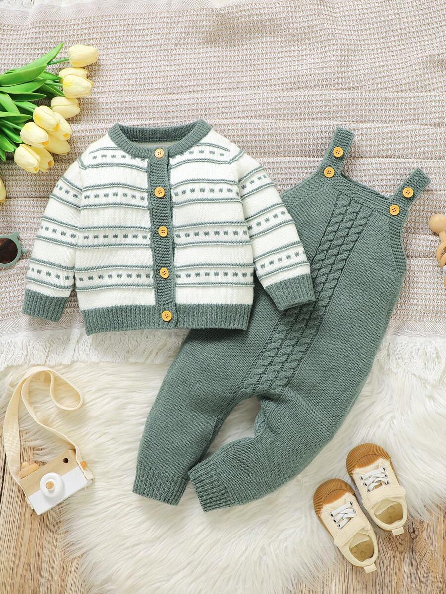 Conjunto de Tricô para Bebê – Cardigan Listrado e Macacão Jardineira Longo, Unissex