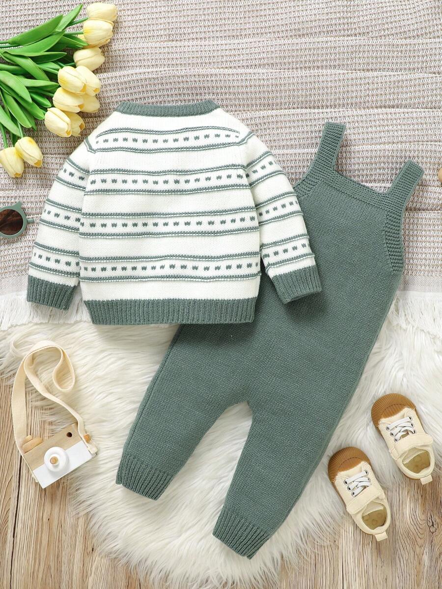 Conjunto de Tricô para Bebê – Cardigan Listrado e Macacão Jardineira Longo, Unissex