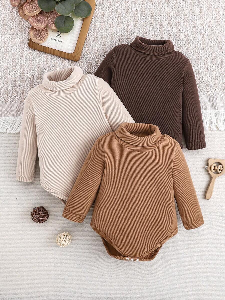 Kit 3 Macacões Canelados para Bebê Menino/Unissex – Gola Alta, Tricô de Malha, Outono/Inverno