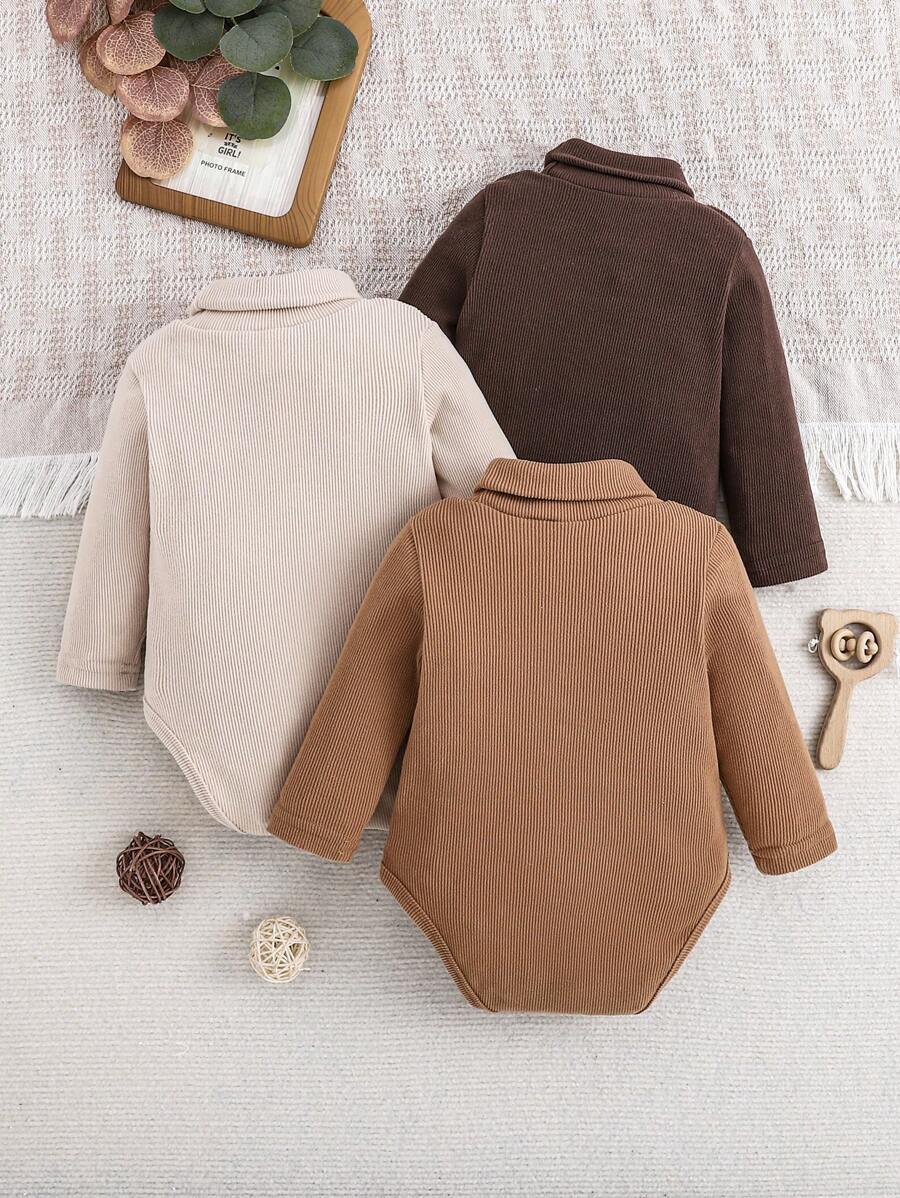 Kit 3 Macacões Canelados para Bebê Menino/Unissex – Gola Alta, Tricô de Malha, Outono/Inverno