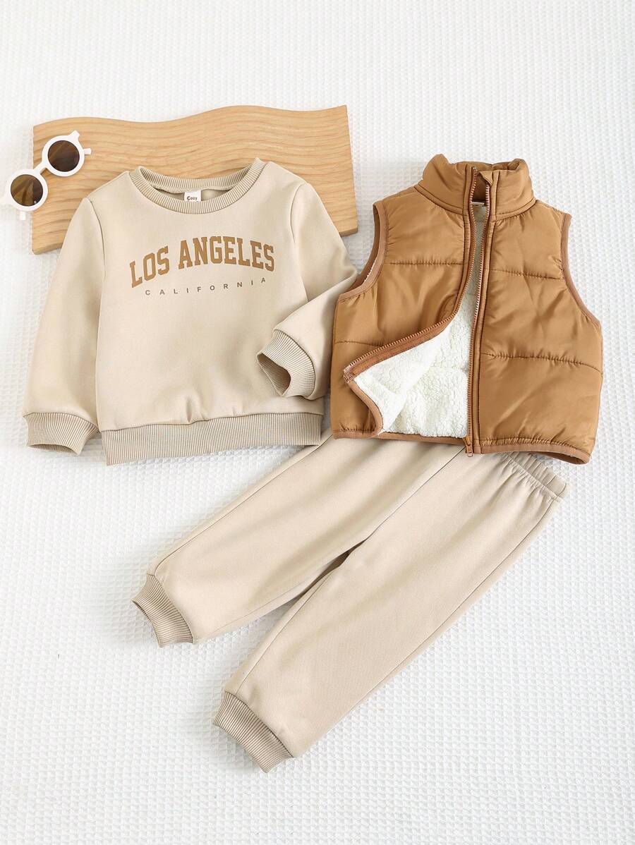 Conjunto 3 Peças para Bebê Menino: Moletom com Letra, Colete e Calça com Cordão