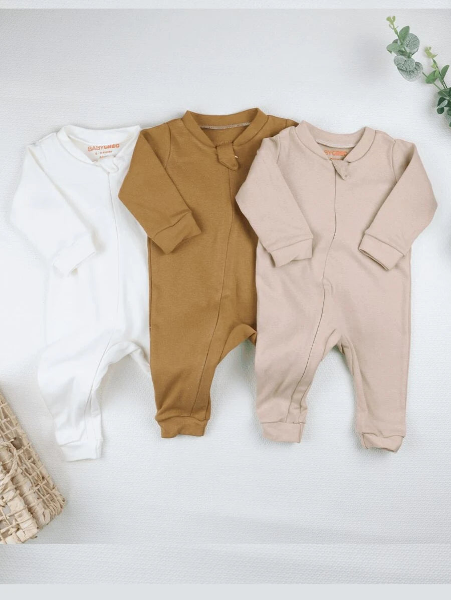 Conjunto 3 Peças Minimalista para Bebê – Macacão de Manga Longa, 100% Algodão, Cores Neutras