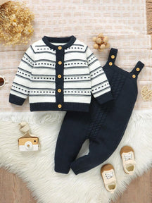 Conjunto de Tricô para Bebê – Cardigan Listrado e Macacão Jardineira Longo, Unissex