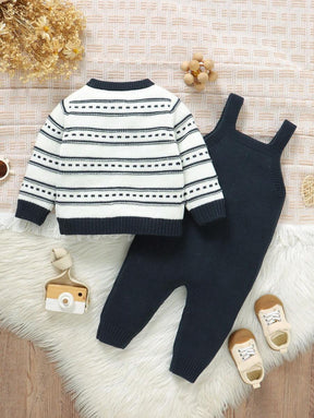Conjunto de Tricô para Bebê – Cardigan Listrado e Macacão Jardineira Longo, Unissex