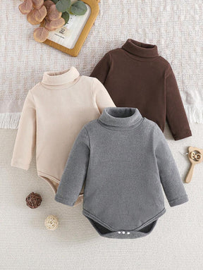 Kit 3 Macacões Canelados para Bebê Menino/Unissex – Gola Alta, Tricô de Malha, Outono/Inverno