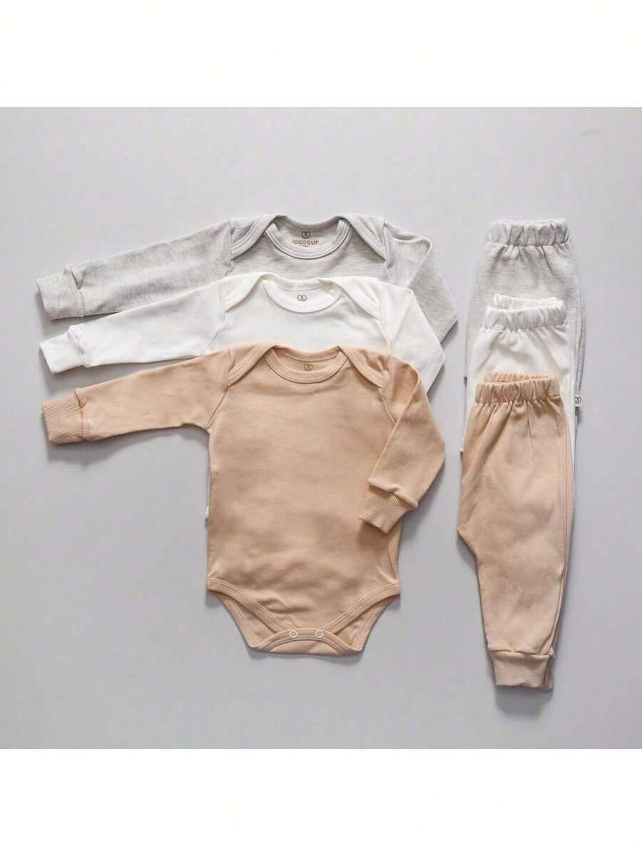 Kit 12 Peças para Bebê – 6x Body Manga Longa e 6x Mijão Liso 100% Algodão, Unissex