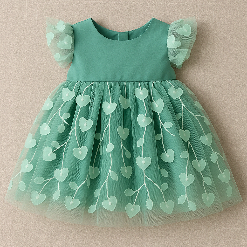 Vestido Bebê Verde Corações em Tule – Uzy Baby, Elegante e Confortável