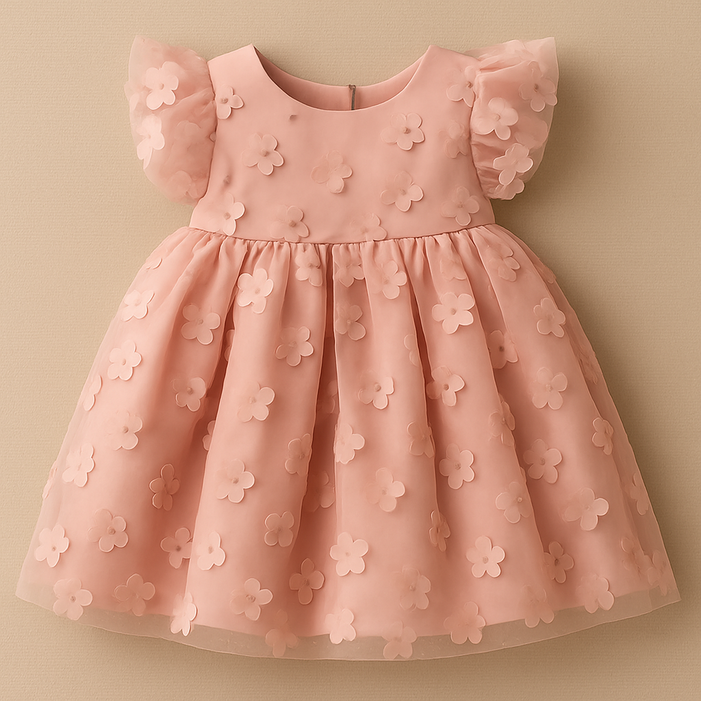 Vestido Bebê Rosa com Flores 3D – Tule Delicado e Mangas Bufantes