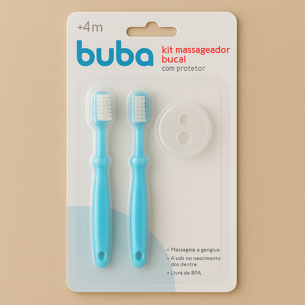 Kit Massageador Bucal Buba – 2 Peças com Protetor, Azul Bebê, +4 Meses