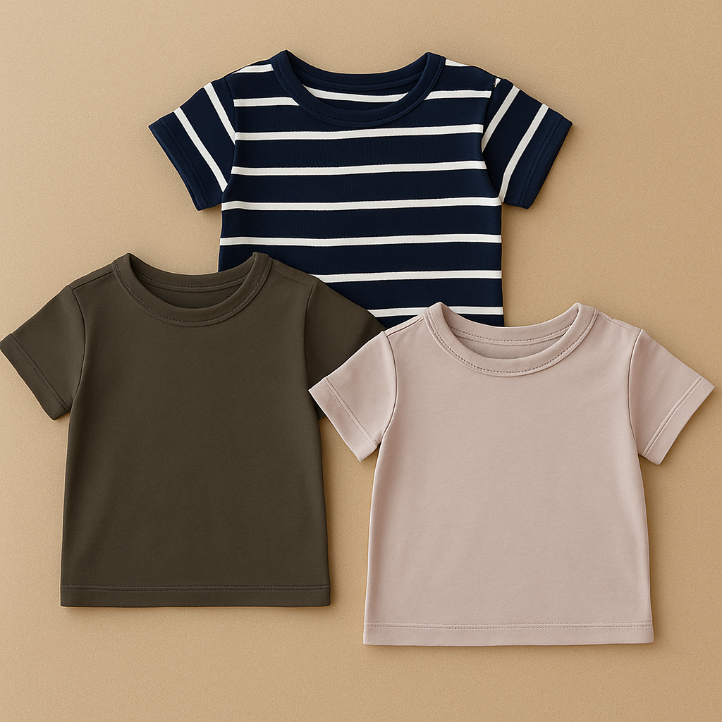 Kit 3 Camisetas Básicas Infantil – Neutra, Listrada e Lisa, Conforto Diário