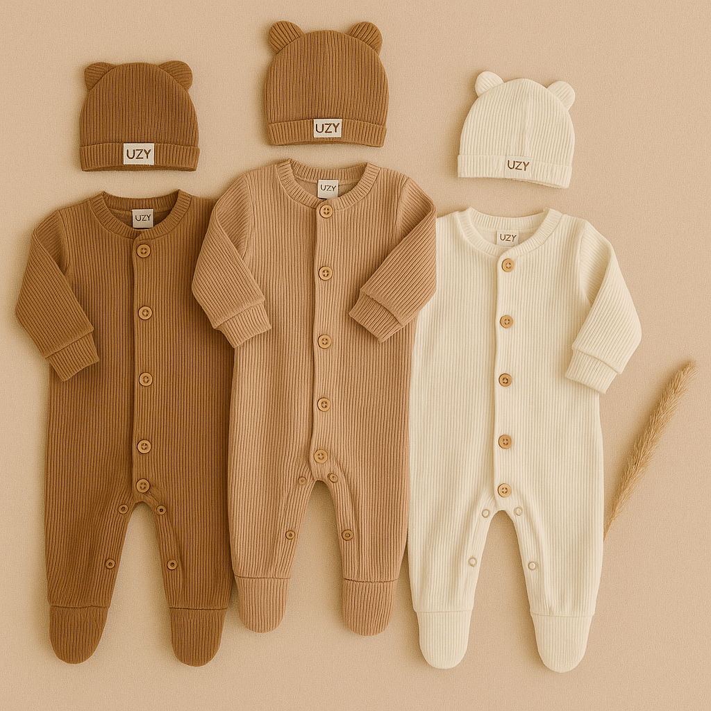 Kit 6 Peças Bebê com 3 Macacões e 3 Toucas Uzy Baby