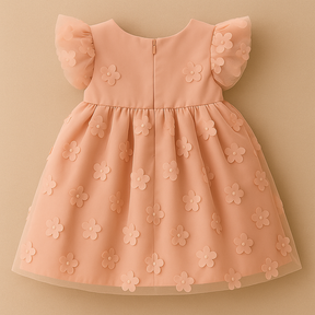 Vestido Bebê Rosa com Flores 3D – Tule Delicado e Mangas Bufantes