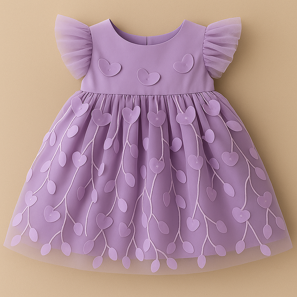 Vestido Bebê Lilás com Corações 3D – Tule Delicado e Mangas Bufantes