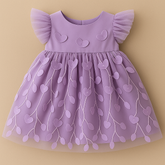 Vestido Bebê Lilás com Corações 3D – Tule Delicado e Mangas Bufantes