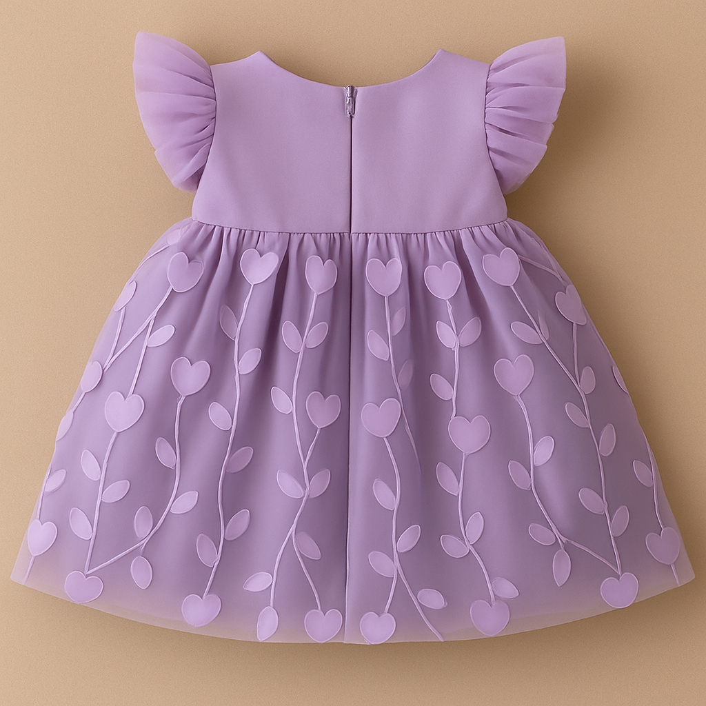Vestido Bebê Lilás com Corações 3D – Tule Delicado e Mangas Bufantes